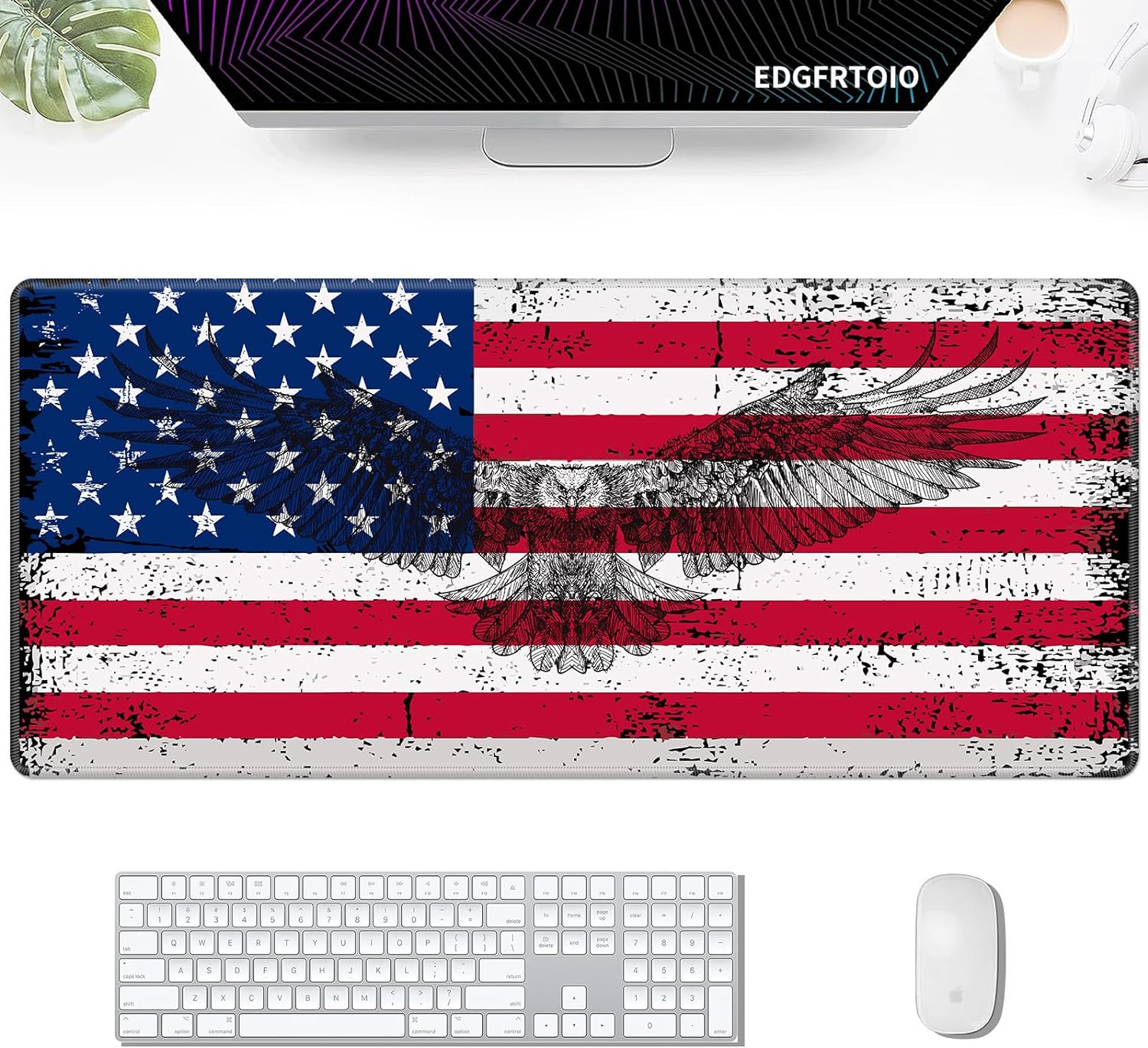 Big Gaming Mouse Pad, Extended 35.4" X 15.75" in Desk Pad for Keyboard and Mouse, Computer Keyboard Mouse Mat 3mm Thick XXL Rubber Mousepad for Laptop Gamer, Eagle American Flag