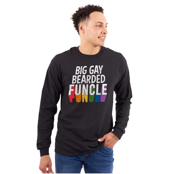 Big Gay Bearded Funcle Uncle Rainbow Men's Big & Tall Long Sleeve Graphic Tee Brisco Brands 3X