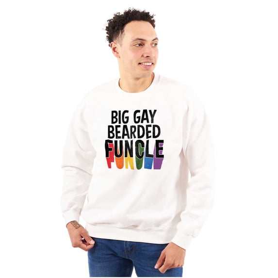 Big Gay Bearded Funcle Uncle Rainbow Men's Big & Tall Crewneck Sweatshirt Brisco Brands 2X