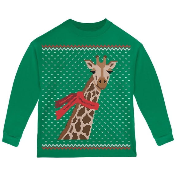 Big Giraffe Scarf Ugly Christmas Sweater Toddler Long Sleeve T Shirt Green 2T