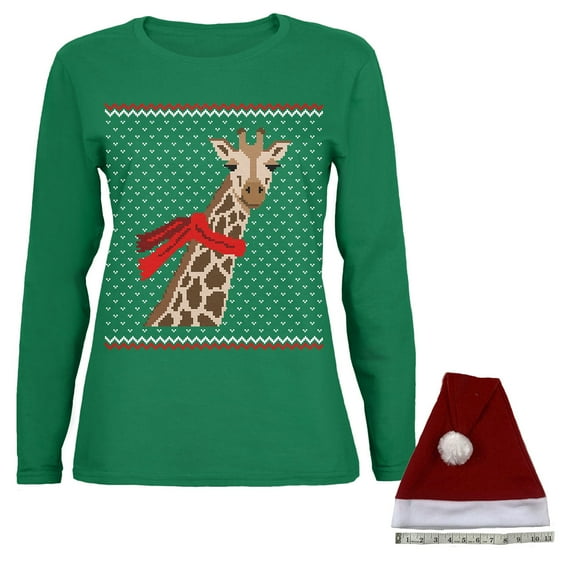 Big Giraffe Scarf Ugly Christmas Sweater Womens Long Sleeve T Shirt with Santa Hat