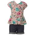 thumbnail image 1 of Big Girl 3 PCS Short Set Floral Top Tee Jean Pant Girl Kids Clothing Pink 14 (21JK40S), 1 of 2