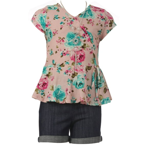 Big Girl 3 PCS Short Set Floral Top Tee Jean Pant Girl Kids Clothing Pink 14 (21JK40S)