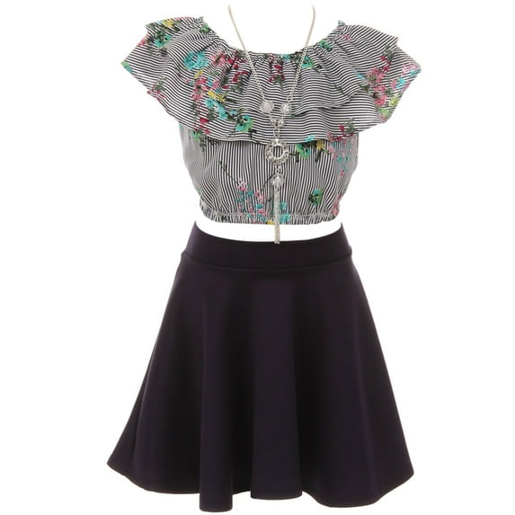 Big Girl 3 Pieces Girls Ruffle Top Flower Skirt Necklace Party Clothing Set Navy 8 JKS 2130S BNY Corner