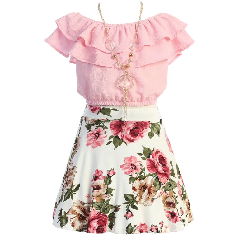 Big Girl 3 Pieces Girls Ruffle Top Flower Skirt Summer Clothing Dress Set  Blush Pink 8 JKS 2130S BNY Corner