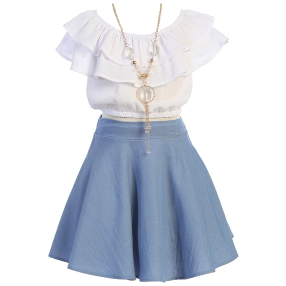 Big Girl 3 Pieces Ruffle Top Skirt Necklace Summer Clothing Skirt Set Outfit Outfit White Denim 10 JKS 2130S BNY Corner