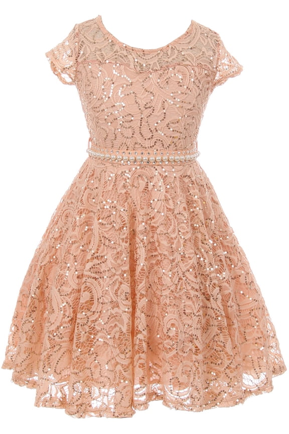 Big Girl Cap Sleeve Floral Lace Glitter Pearl Holiday Party Flower Girl Dress Blush 8 JKS 2102 BNY Corner