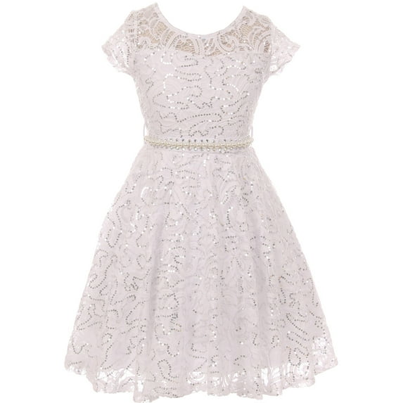 Big Girl Cap Sleeve Floral Lace Glitter Pearl Holiday Party Flower Girl Dress White 12 JKS 2102 BNY Corner