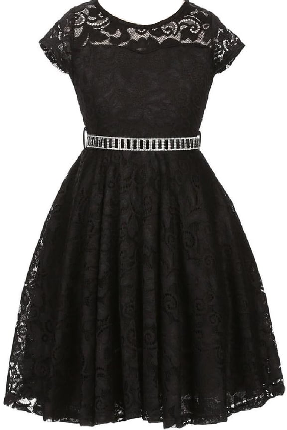 Big Girl Cap Sleeve Lace Skater Stone Belt Flower Girls Dresses (19JK88S) Black 14
