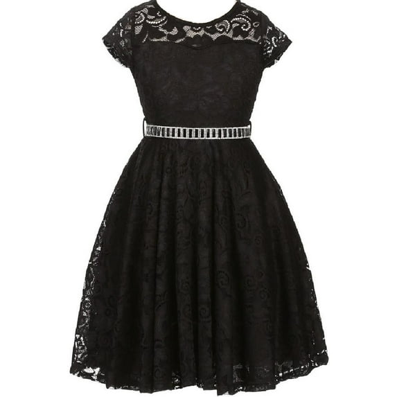 Big Girl Cap Sleeve Lace Skater Stone Belt Flower Girls Dresses (19JK88S) Black 16