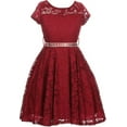 thumbnail image 1 of Big Girl Cap Sleeve Lace Skater Stone Belt Flower Girls Dresses (19JK88S) Burgundy 16, 1 of 4
