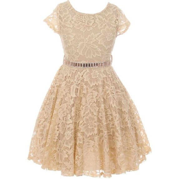 Big Girl Cap Sleeve Lace Skater Stone Belt Flower Girls Dresses (19JK88S) Champagne 12