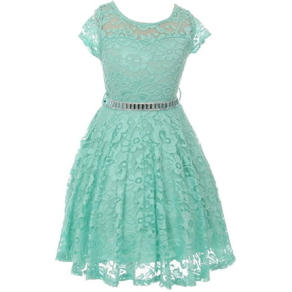 Big Girl Cap Sleeve Lace Skater Stone Belt Flower Girls Dresses (19JK88S) Mint 12