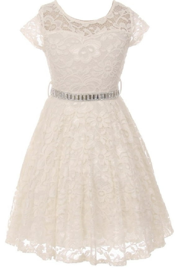 Big Girl Cap Sleeve Lace Skater Stone Belt Flower Girls Dresses (19JK88S) Off White 10