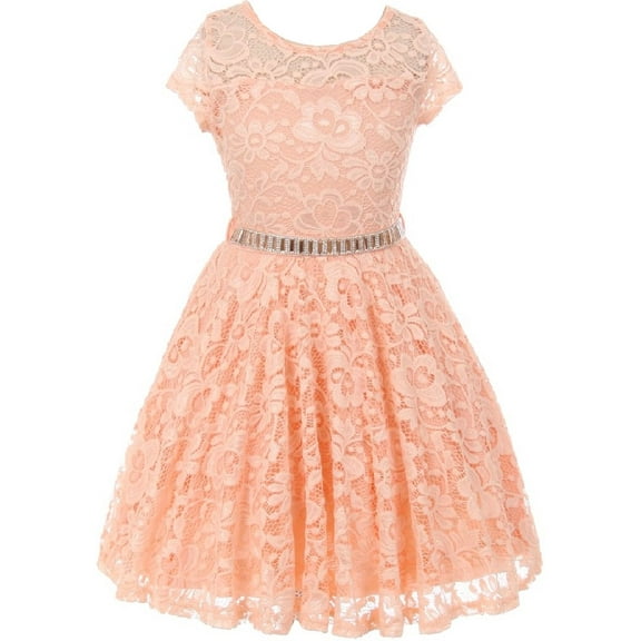 Big Girl Cap Sleeve Lace Skater Stone Belt Flower Girls Dresses (19JK88S) Peach 12