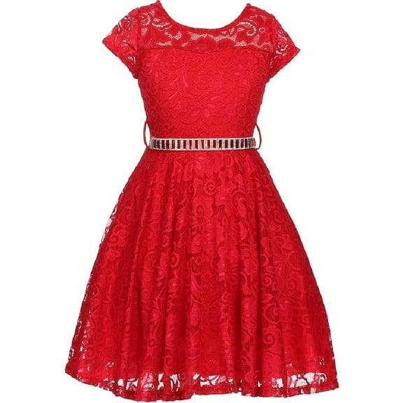 Big Girl Cap Sleeve Lace Skater Stone Belt Flower Girls Dresses (19JK88S) Red 14