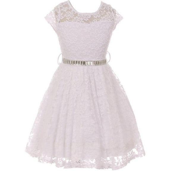 Big Girl Cap Sleeve Lace Skater Stone Belt Flower Girls Dresses (19JK88S) White 8