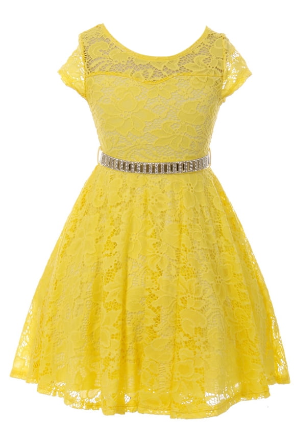 Big Girl Cap Sleeve Lace Skater Stone Belt Flower Girls Dresses (19JK88S) Yellow 16