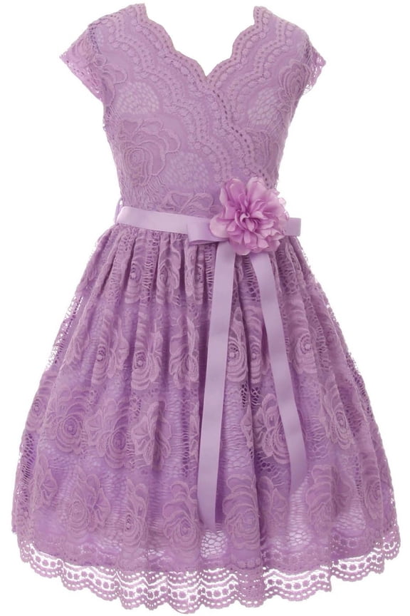 Big Girl Cap Sleeve V Neck Flower Border Stretch Lace Corsage Belt Flower Girl Dress (20JK66S) Lilac 14
