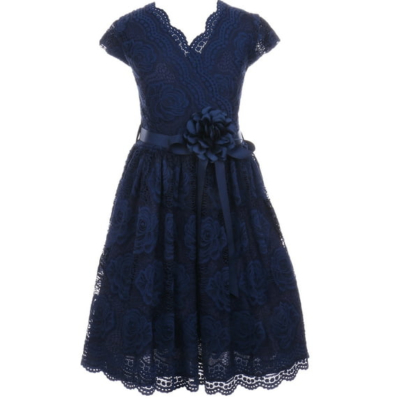 Big Girl Cap Sleeve V Neck Flower Border Stretch Lace Corsage Belt Flower Girl Dress (20JK66S) Navy 8