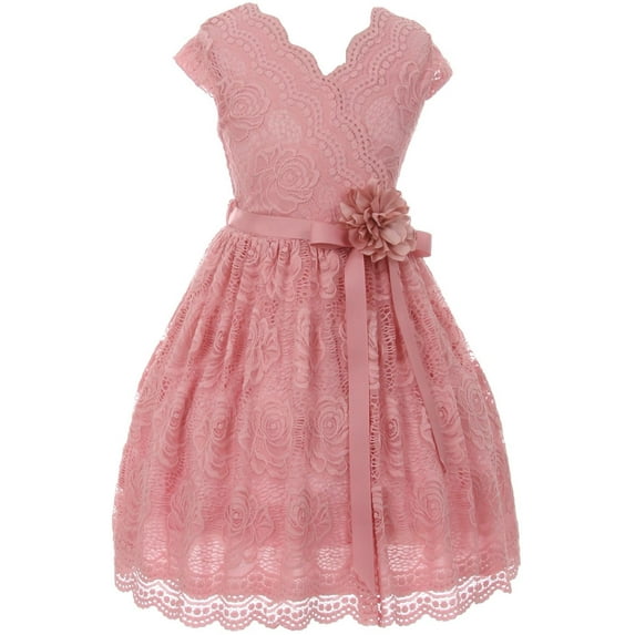Big Girl Cap Sleeve V Neck Flower Border Stretch Lace Corsage Belt Flower Girl Dress (20JK66S) Rose 8