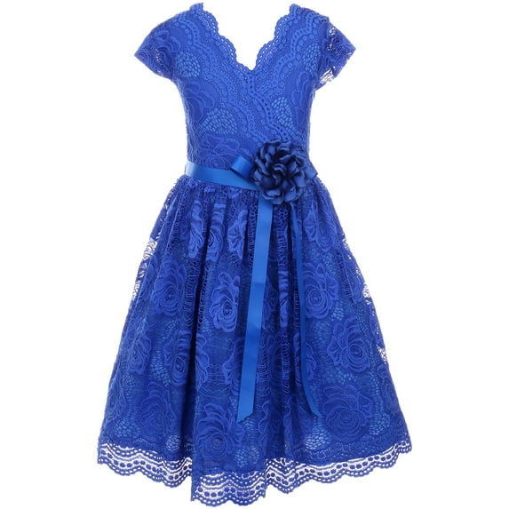Big Girl Cap Sleeve V Neck Flower Border Stretch Lace Corsage Belt Flower Girl Dress (20JK66S) Royal 10