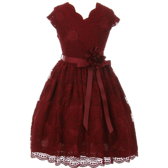 Big Girl Cap Sleeve V Neck Flower Stretch Lace Corsage Special Occasion Dress (20JK66S) Burgundy 8