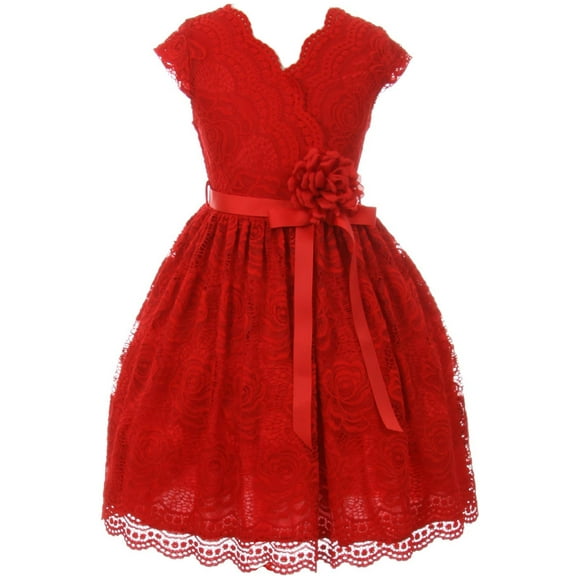 Big Girl Cap Sleeve V Neck Flower Stretch Lace Corsage Special Occasion Dress (20JK66S) Red 8