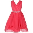 thumbnail image 1 of Big Girl Classy V Neck Chiffon Ruched Rhinestone Belt Easter Graduation Flower Girl Dress Coral 8, 1 of 3