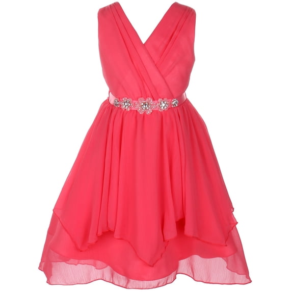 Big Girl Classy V Neck Chiffon Ruched Rhinestone Belt Easter Graduation Flower Girl Dress Coral 8