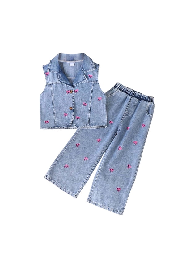 Big Girl Clothing Sets Floral Print Sleeveless Denim Jacket Pants Summer Clothes Set,Blue,5Y