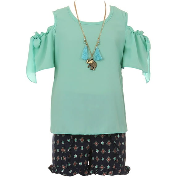 Big Girl Cold Shoulder Blouse Top Ruffle 2 Pieces Short Set Girls Clothing Mint 12
