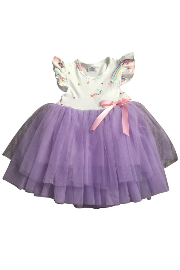 Big Girl Dress Kids Cap Sleeve Unicorn Mesh Summer Flower Girl Dress Purple 7 2XL (201296)
