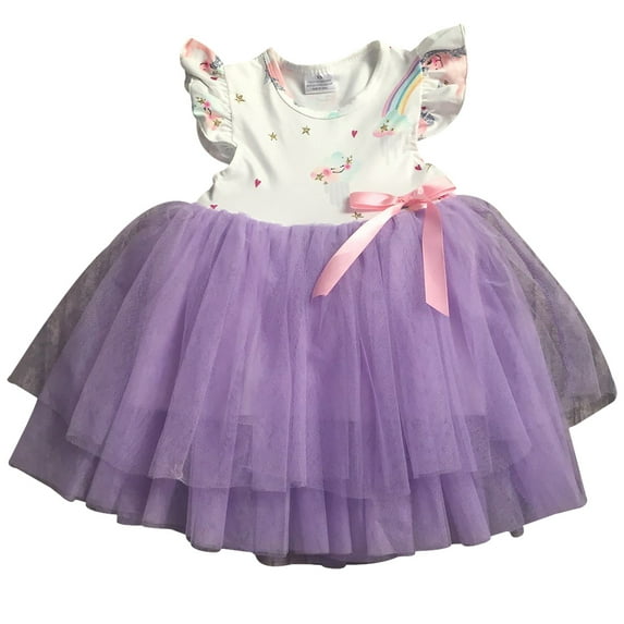 Big Girl Dress Kids Cap Sleeve Unicorn Mesh Summer Flower Girl Dress Purple 7 2XL (201296)