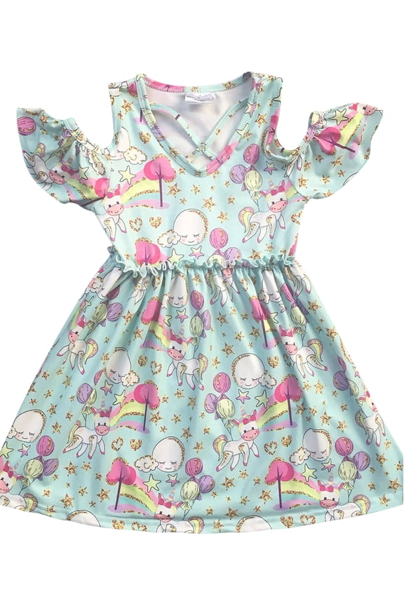 Big Girl Dress Kids Cold Shoulder Unicorn Summer Birthday Flower Girl Dress Blue 8 3XL (501326)