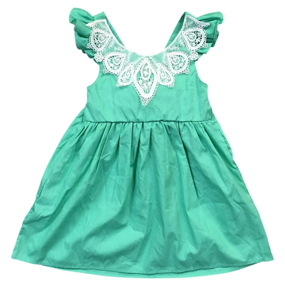 Big Girl Dress Kids Ruffle Sleeve Lace Party Birthday Flower Girl Dress Green 7 2XL (400404)