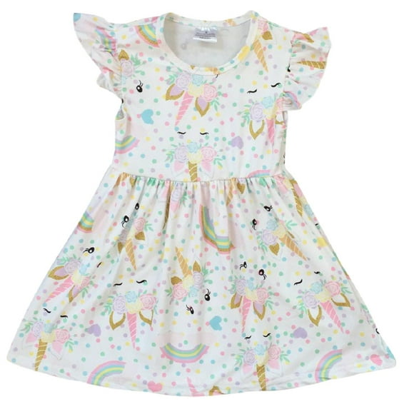 Big Girl Dress Kids Unicorn Rainbow Easter Summer Flower Girl Dress Off White 7 2XL (201249)