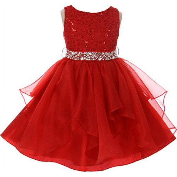 Big Girl Flower Girl Dress Sequin Lace Top Rhinestone Belt & Ruffle Skirt Red 12 MBK357