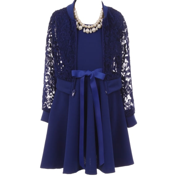 Big Girl Girls Set Floral Lace Jacket Round Neck Bow Holiday Flower Girl Dress Royal 12 JKS 2096
