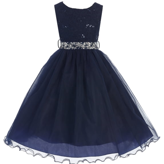 Big Girl Glitters Sequined Bodice Double Layer Tulle Rhinestones Sash Flower Girl Dress Navy 12 JK3670 BNY Corner