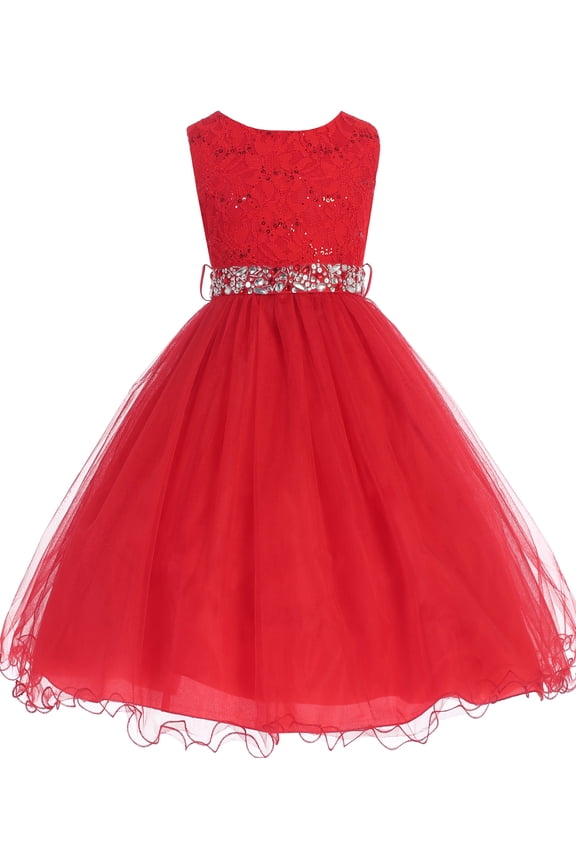 Big Girl Glitters Sequined Bodice Double Layer Tulle Rhinestones Sash Flower Girl Dress Red 10 JK3670 BNY Corner