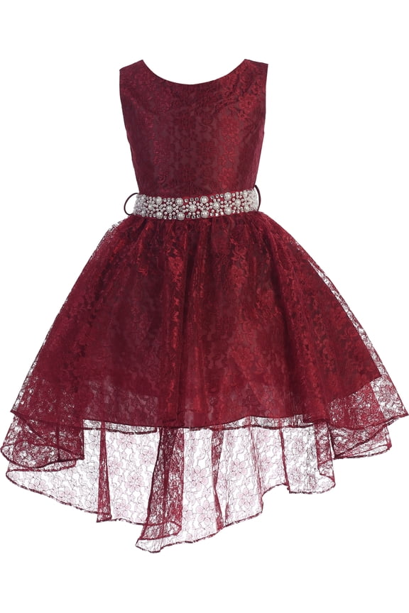 Big Girl High Low Floral Lace Rhinestones Pearl Belt Easter Pageant Flower Girl Dress Burgundy 16 JK3744 BNY Corner