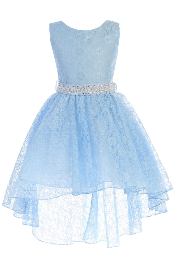 Big Girl High Low Floral Lace Rhinestones Pearl Belt Easter Pageant Flower Girl Dress Light Blue 12 JK3744 BNY Corner