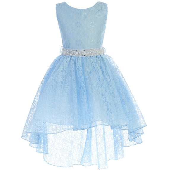 Big Girl High Low Floral Lace Rhinestones Pearl Belt Easter Pageant Flower Girl Dress Light Blue 20 JK3744 BNY Corner