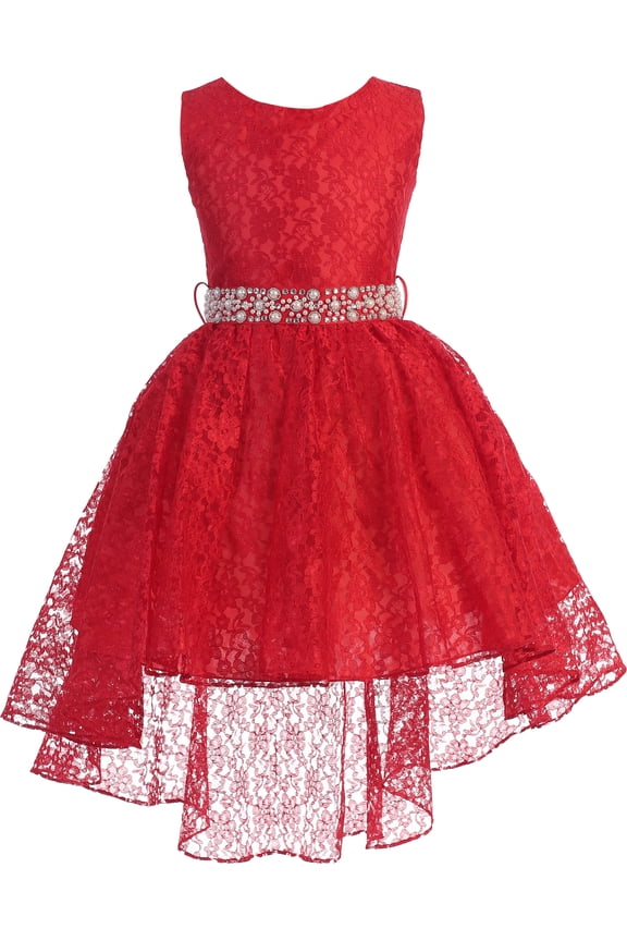 Big Girl High Low Floral Lace Rhinestones Pearl Belt Easter Pageant Flower Girl Dress Red 20 JK3744 BNY Corner