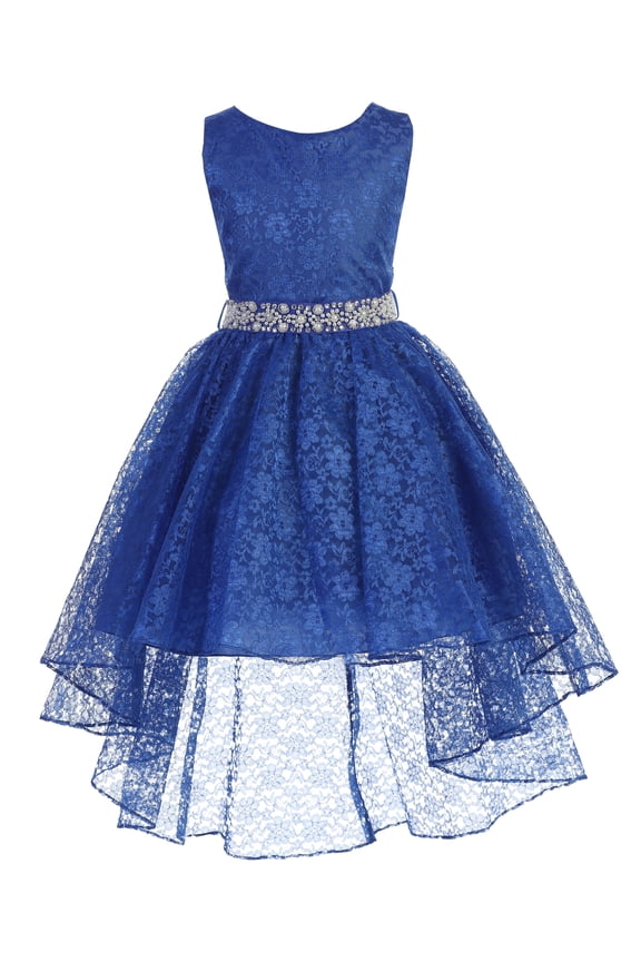 Big Girl High Low Floral Lace Rhinestones Pearl Belt Easter Pageant Flower Girl Dress Royal 12 JK3744 BNY Corner