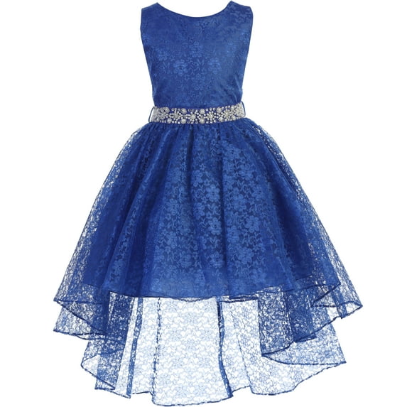 Big Girl High Low Floral Lace Rhinestones Pearl Belt Easter Pageant Flower Girl Dress Royal 8 JK3744 BNY Corner