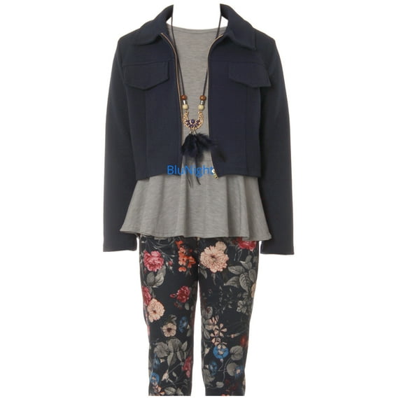 Big Girl Jacket Necklace Shirt Tank Tunic Floral Pant Legging Girls 4 Pieces Set Navy 12 (21JK41S)