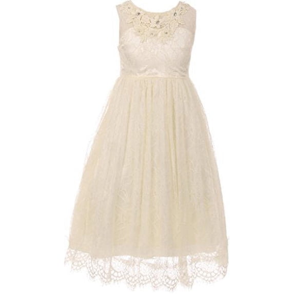 Big Girl Lace Flower Girl Dress Decorated 3D Flower Neckline Ivory 8 CC 5036