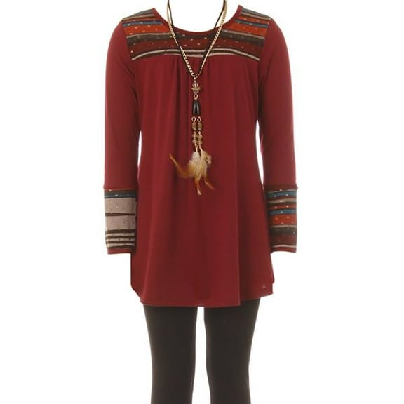 Big Girl Long Sleeve Top Necklace Pant Legging Girls 3 Pieces Clothing Set Burgundy 8 (21JK49SS)